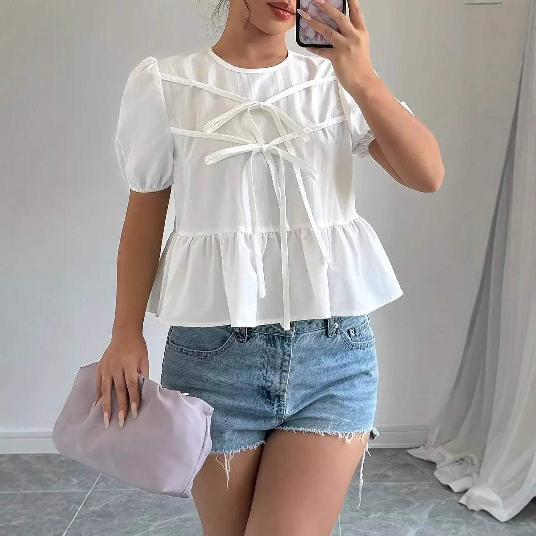 Damen Bluse mit Puffärmeln und verspieltem Rüschendesign