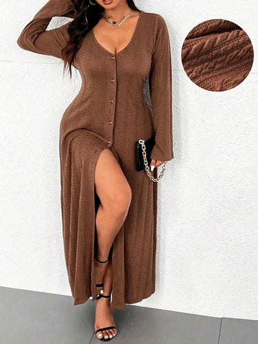 Damen Maxikleid mit innovativem Knopfdesign und tiefem Schlitz R&B
