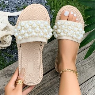 Damen Flauscher Slides mit Perlenverzierung R&B
