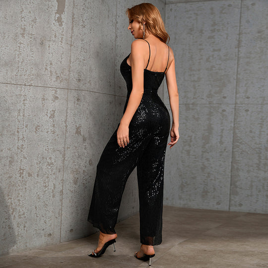 Damen Glitzernder Jumpsuit mit tiefem V-Ausschnitt und weitem Beinschnitt R&B