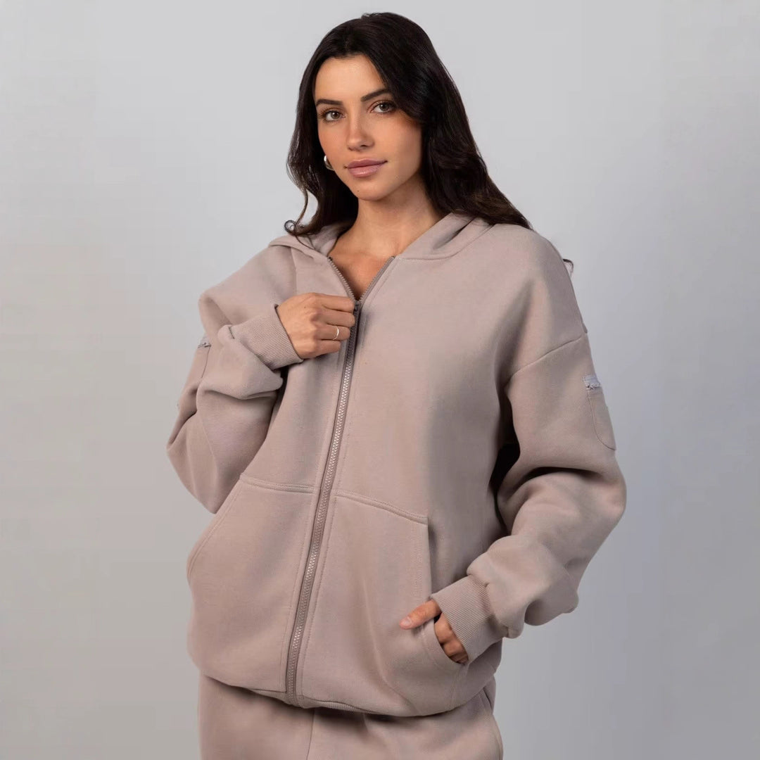 Damen sportlicher Fleece-Jogginganzug mit hochgeschlossenem Reißverschluss und elastischem Bund R&B