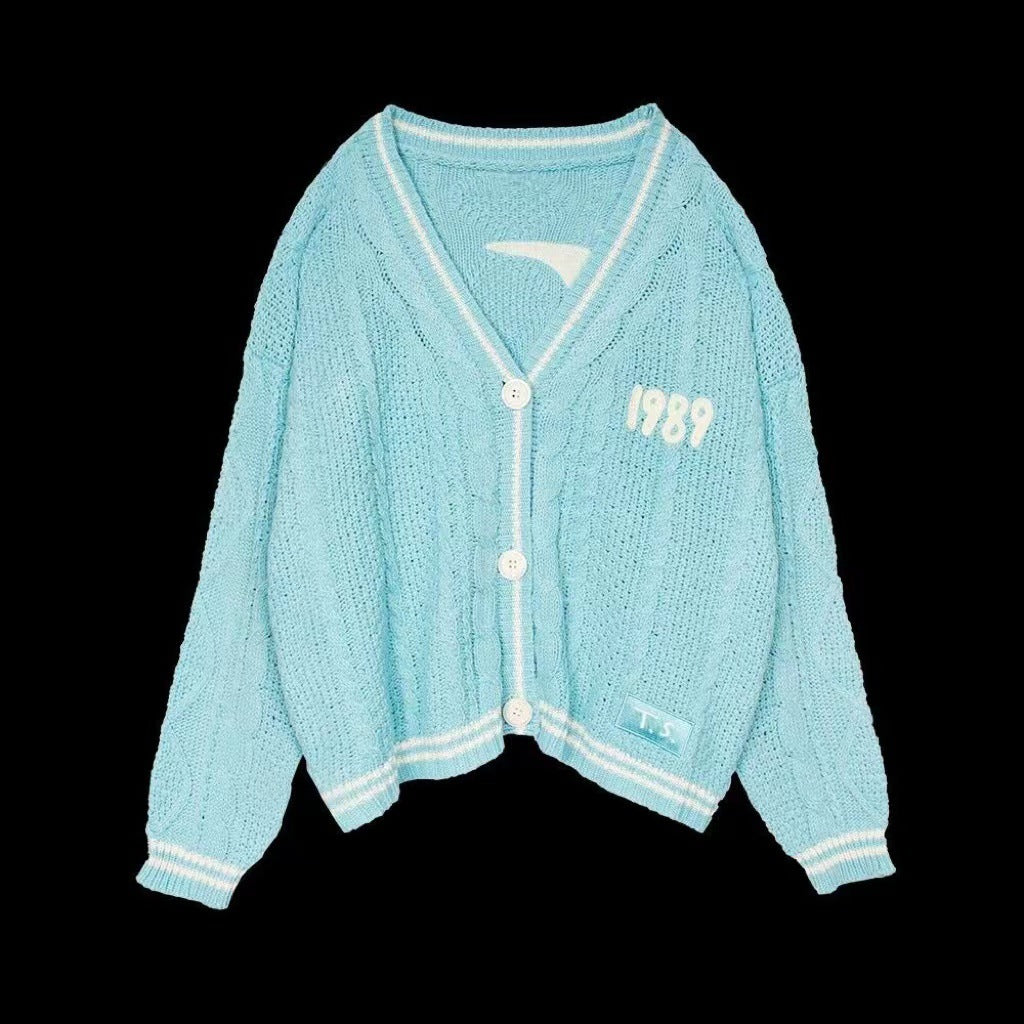 Damen nan kurz geschnittene Strickjacke mit V-Ausschnitt, Kontrastpaspel und oversized Ärmeln R&B
