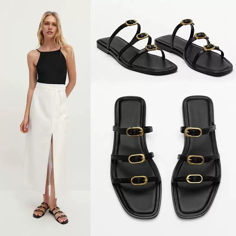 Damen Elegante Zehensteg-Sandalen mit modischem Riemendesign und goldenen Akzenten R&B