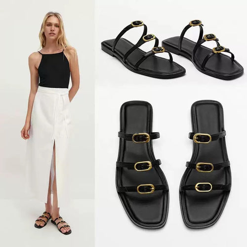 Damen Elegante Zehensteg-Sandalen mit modischem Riemendesign und goldenen Akzenten R&B