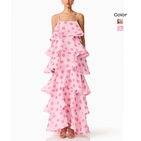Damen Maxikleid mit verspielten Rüschen und Punkten R&B
