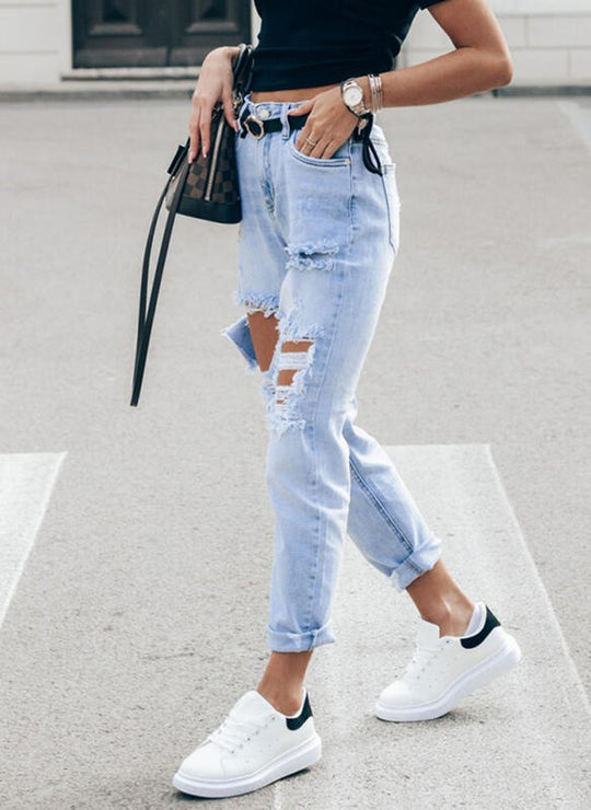 Damen Ripped Boyfriend Jeans im lässigen Vintage-Stil mit hohem Bund R&B