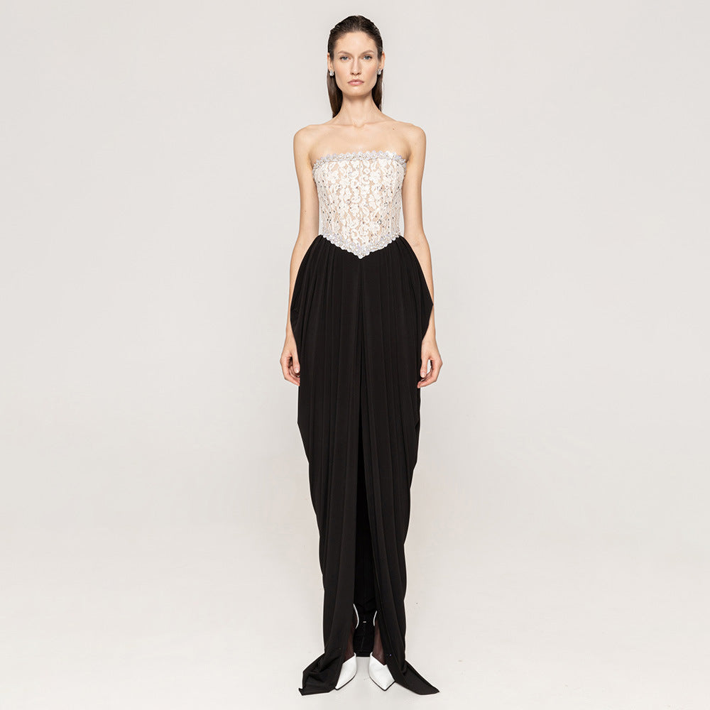 Damen elegantes Abendkleid mit schimmerndem Spitzenoberteil und Drapierungsdetails R&B