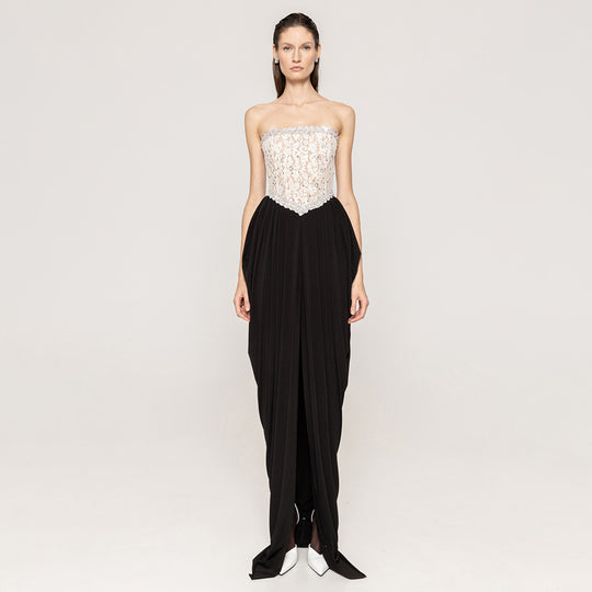 Damen elegantes Abendkleid mit schimmerndem Spitzenoberteil und Drapierungsdetails R&B
