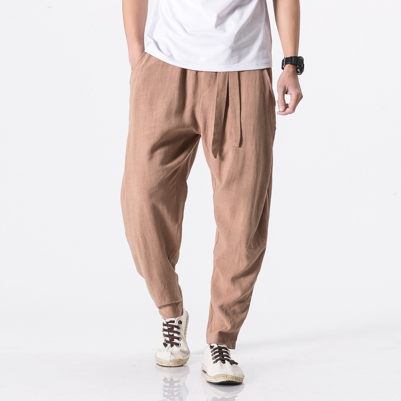 Herren nan entspannte Leinen-Baumwoll Harem-Joggerhose mit verdecktem Tunnelzug und tapered Bein R&B