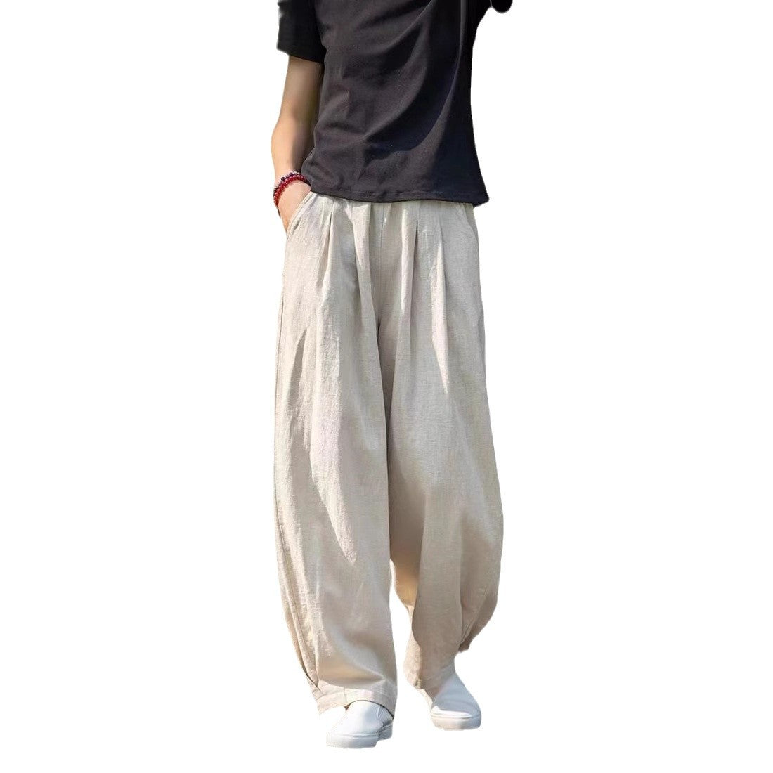 Damen weite Leinenhose mit elastischem Bund und seitlichen Taschen R&B