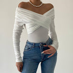 Damen eleganter Body mit drapiertem Oberteil und schmalen Ärmeln R&B
