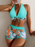 Damen Bikini-Set mit verspieltem Halter-Oberteil und sportlicher Shorts R&B