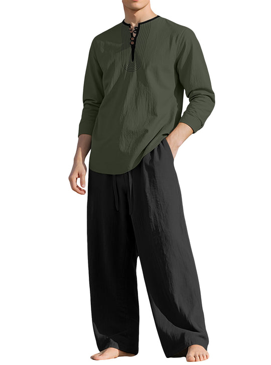 Herren nan Tunika- und Palazzohose-Set mit Henley-Blende, Zierstickerei und weitem Schnitt R&B