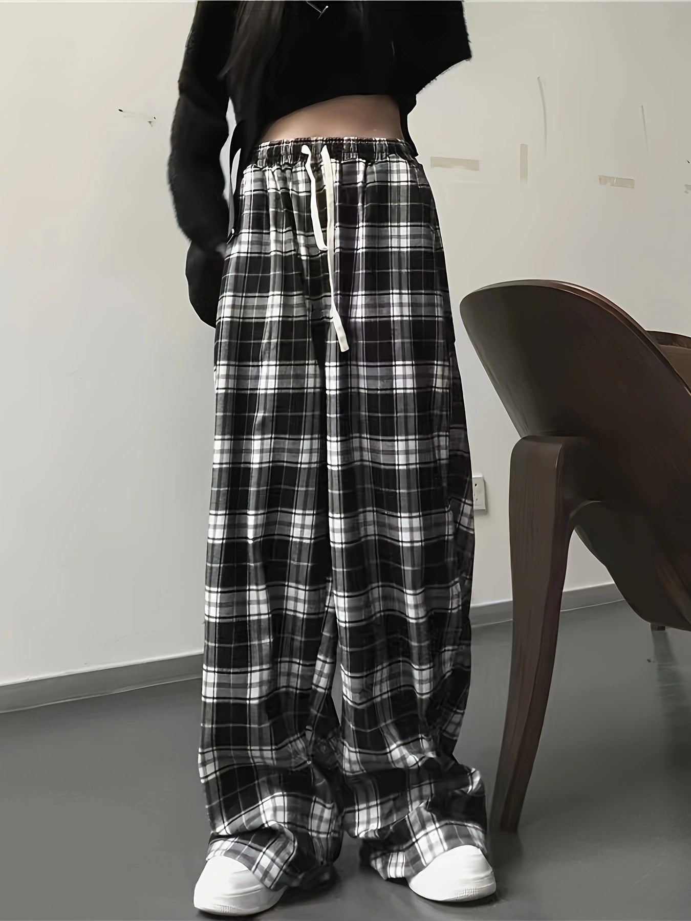 Damen Karierte Freizeithose mit elastischem Bund und Kordelzug R&B