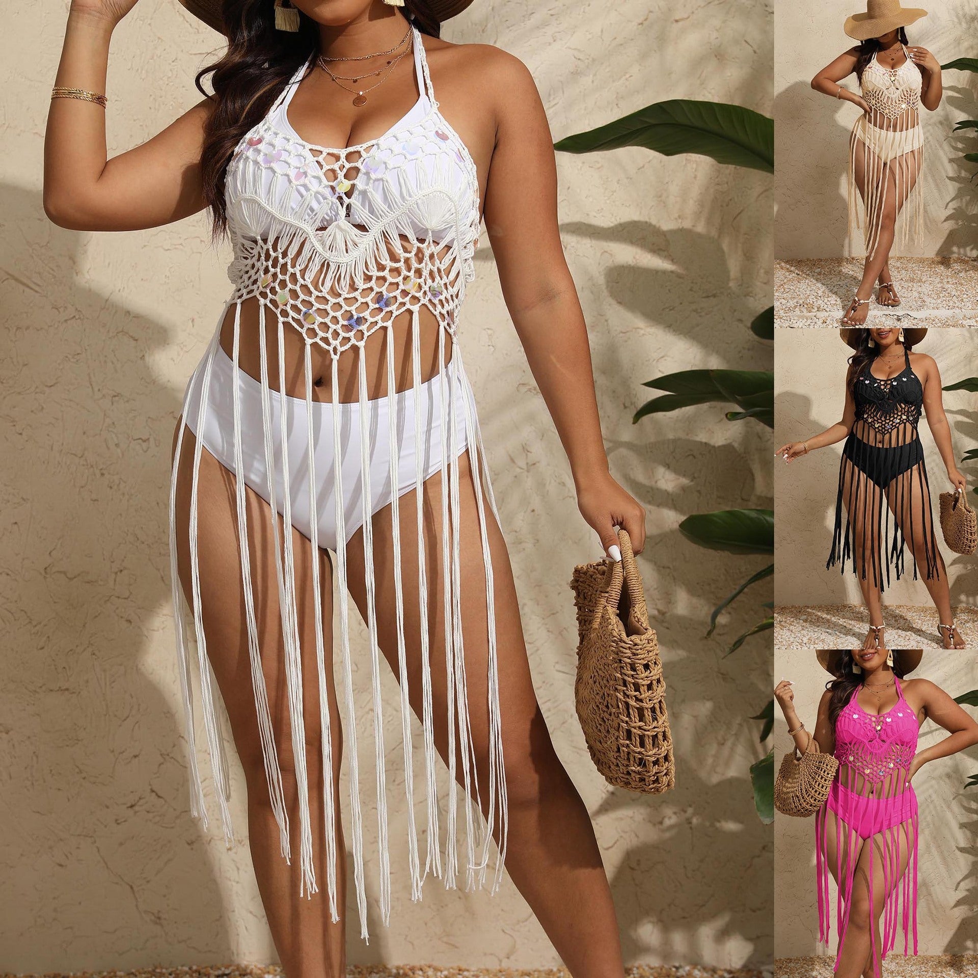 Damen gehäkeltes Bikini-Set mit fransiger Überwurf R&B
