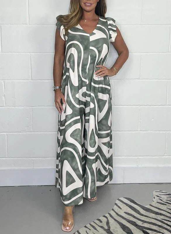 Damen Maxikleid mit kreativem grafischen Muster und Rüschen R&B
