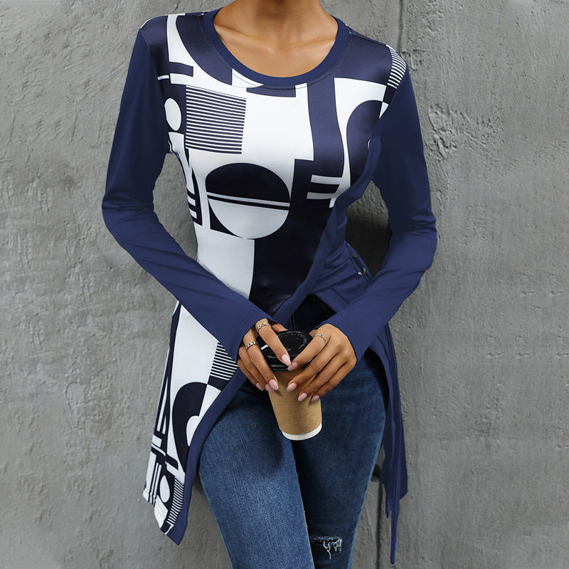 Damen Langarmshirt mit grafischem Muster und asymmetrischem Saum R&B