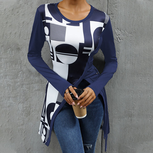 Damen Langarmshirt mit grafischem Muster und asymmetrischem Saum R&B