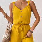 Damen lässiger Jumpsuit mit knöpfbarem V-Ausschnitt und elastischem Bund R&B
