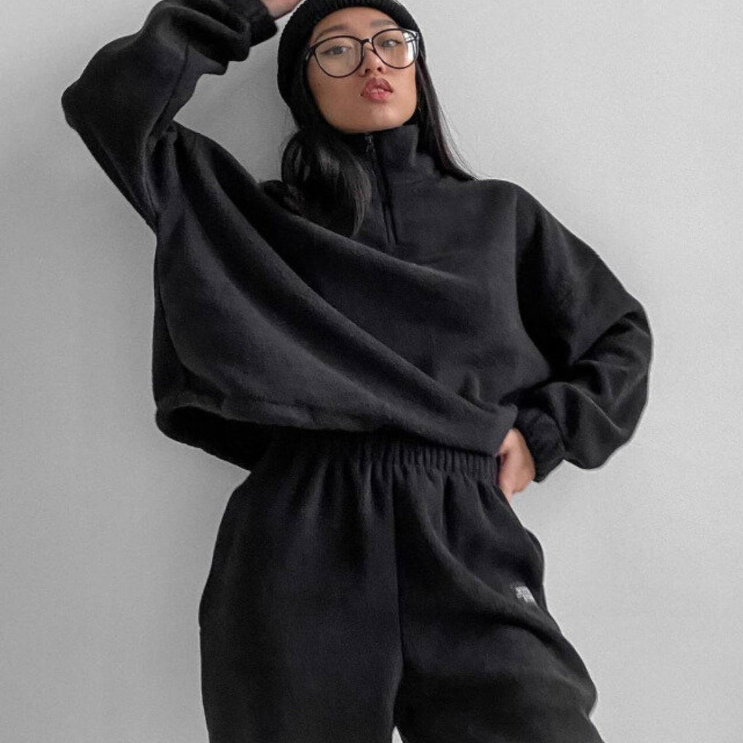 Damen bequeme Fleece-Loungejacke mit verkürztem Reißverschluss und elastischem Bund R&B