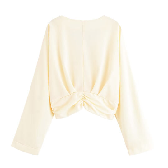 Damen legeres Blusenshirt mit Raffung und tiefem V-Ausschnitt R&B