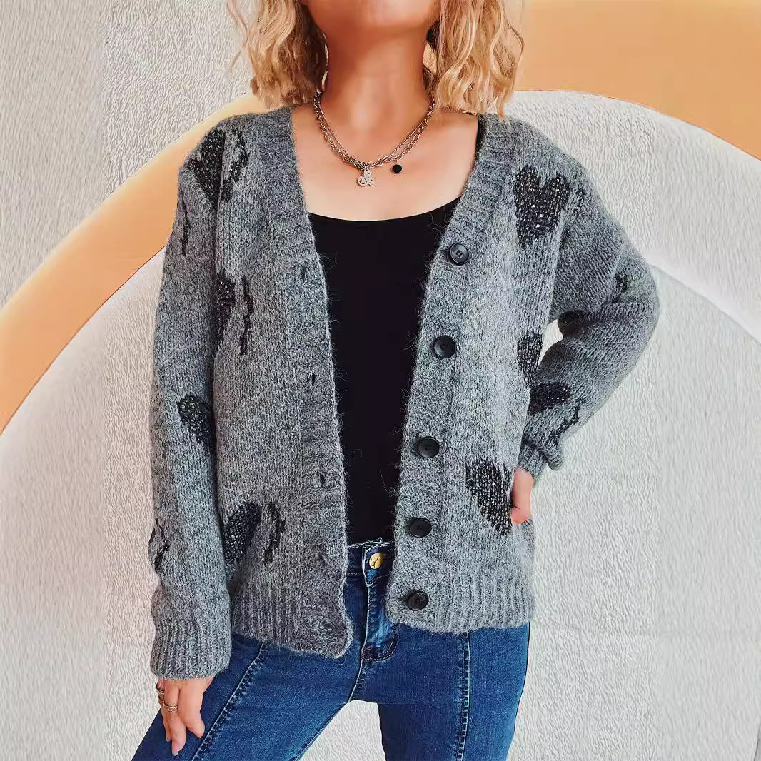 Damen gestrickte Cardigan mit Herzmuster und Knopfdetails R&B