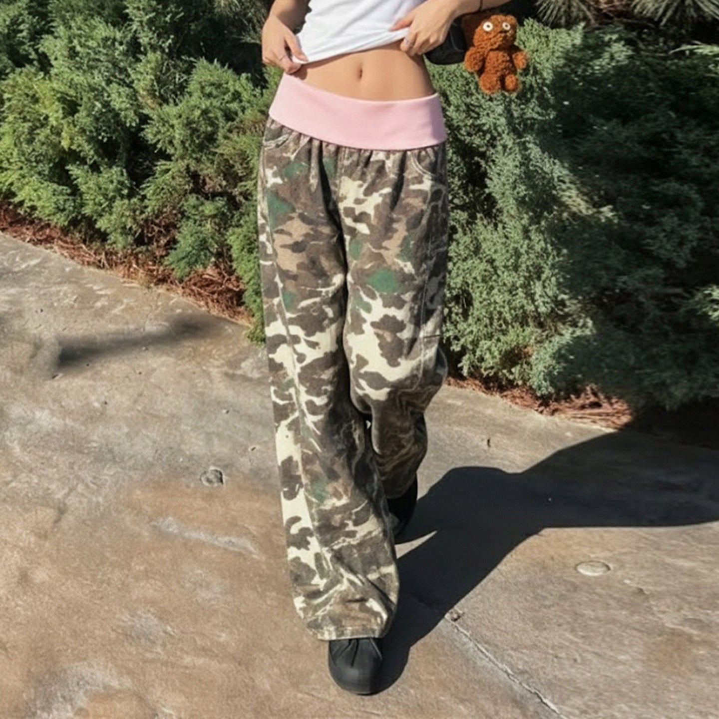 Damen bequeme Cargohose mit elastischem Bund und Camouflage-Muster R&B