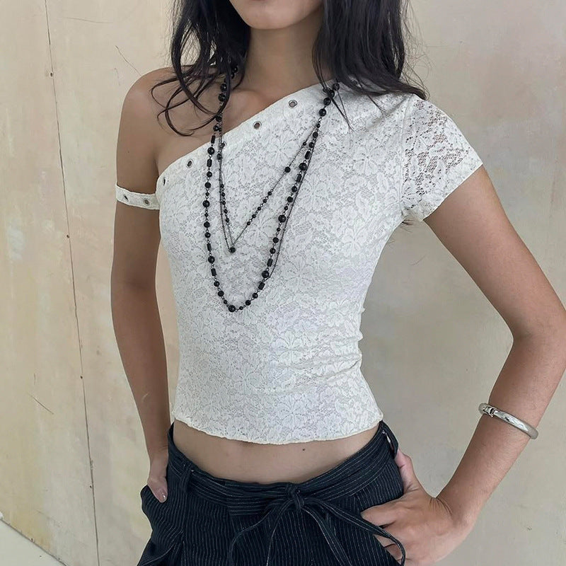 Damen elegantes Oberteil aus zarter Spitze mit kurzem Ärmel und aufregendem Design R&B