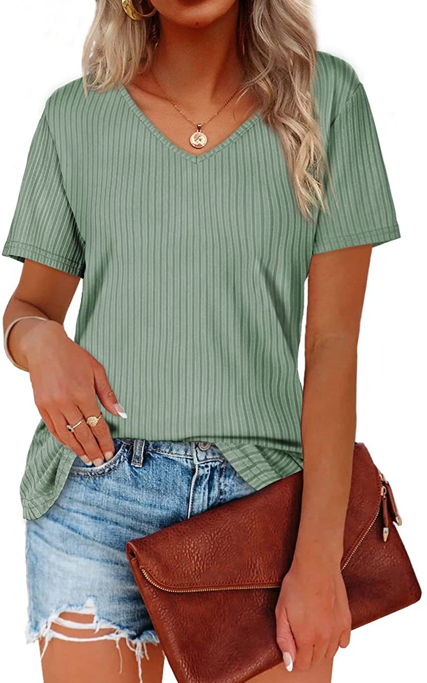 Damen Viskose T-Shirt mit feinem Rippstrickmuster und lässigem V-Ausschnitt R&B