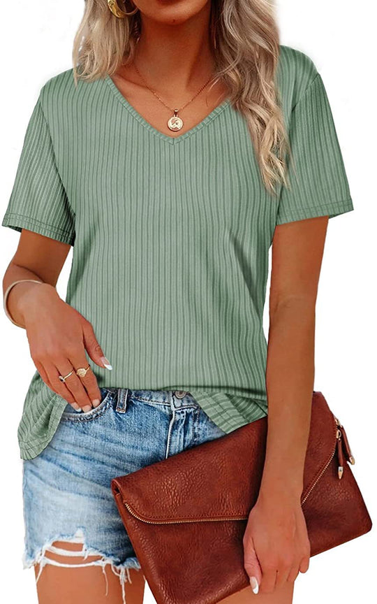 Damen Viskose T-Shirt mit feinem Rippstrickmuster und lässigem V-Ausschnitt R&B