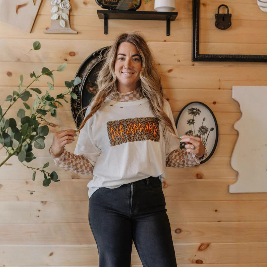 Damen nan lässiges Layer-T-Shirt mit Retro-Bandprint, Used-Optik und kariertem Mesh-Langarmtop R&B