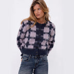 Damen cropped Strickjacke mit modernem Karomuster und knöpfbarem Design R&B