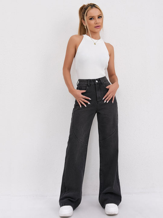Damen Weite Hochtaillen-Jeans mit einzigartigen Nahtdetails und lässigem Schnitt R&B