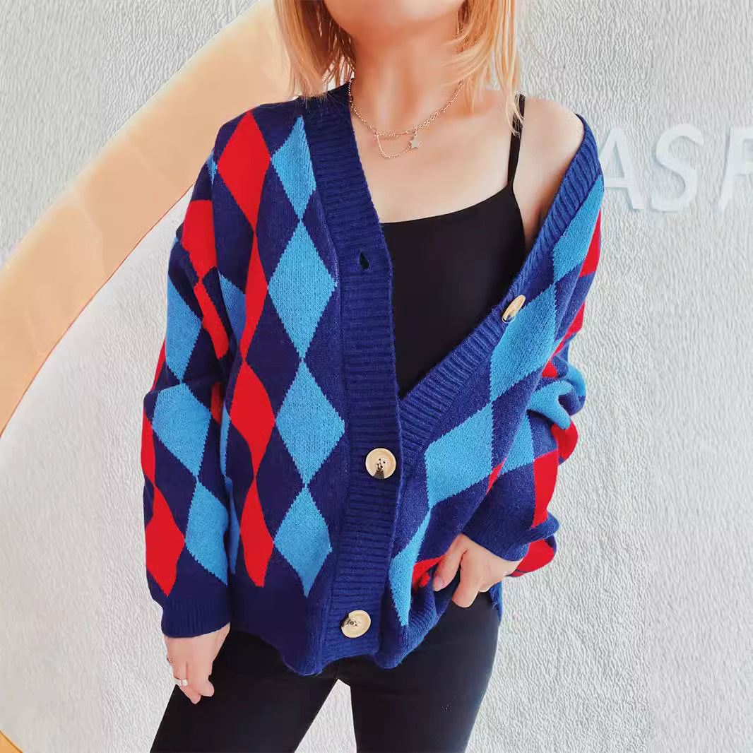 Damen lässige Strickjacke im Rauten-Muster mit goldenen Knöpfen R&B