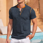 Herren nan lässiges Kurzarm-Grandadshirt mit kurzer Knopfleiste, Kontrastpaspel und weichgewaschener Struktur R&B
