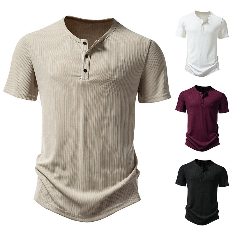 Herren stylisches Kurzarm-Henley-Shirt mit strukturiertem Design und zwei Knopf-Details R&B