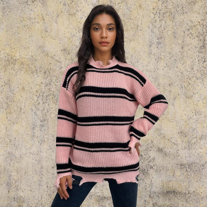 Damen Grob gestrickter Oversized Pullover mit Fransen und Querstreifen R&B