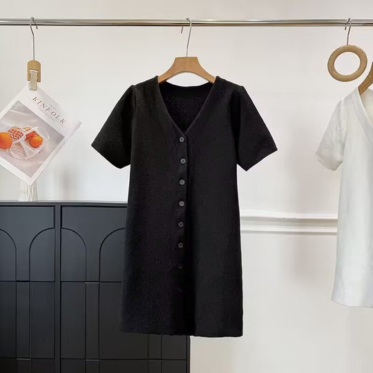 Damen Knopf-Down Kleid mit V-Ausschnitt und kurzen Ärmeln R&B