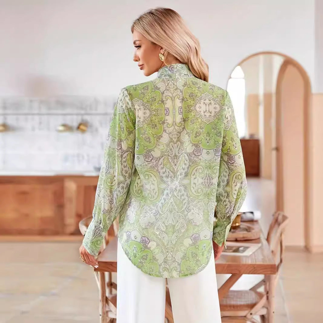 Damen Bluse mit Schleifenkragen und floralem Muster R&B