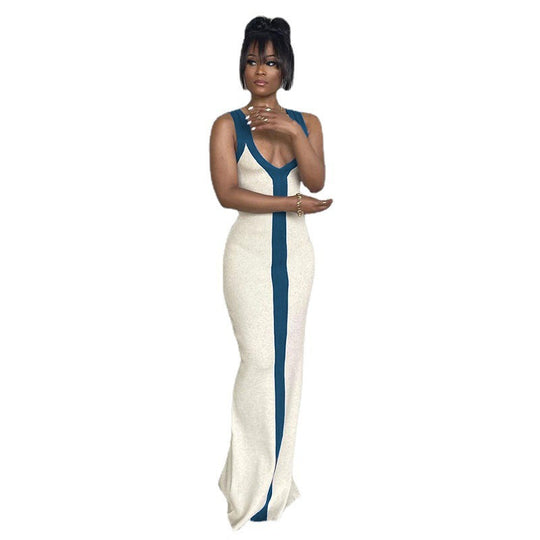 Damen elegantes Maxikleid mit tiefem V-Ausschnitt und kontrastierendem Streifen R&B