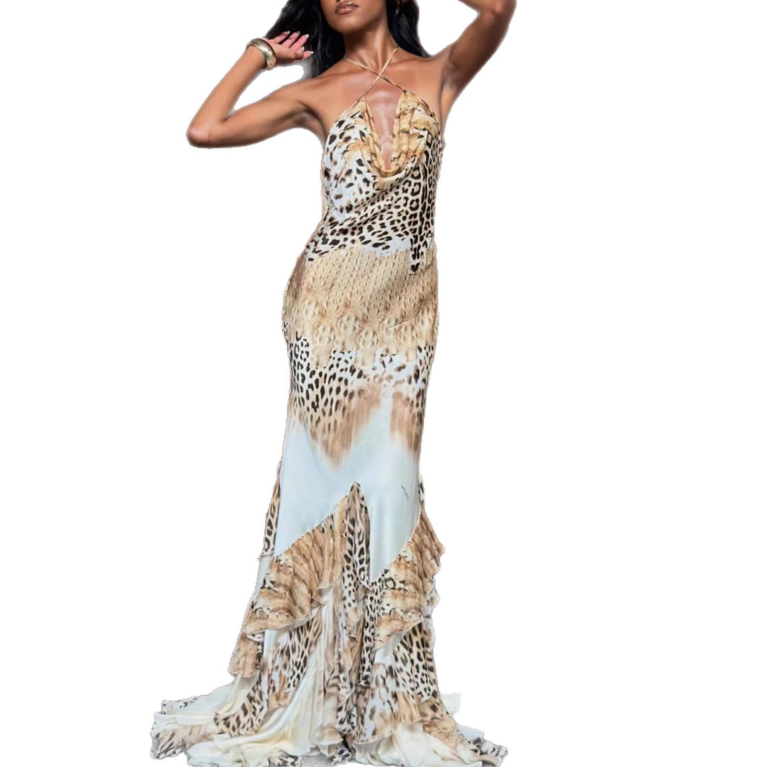 Damen Maxikleid mit tiefem V-Ausschnitt, Rüschensaum und tierischem Muster R&B