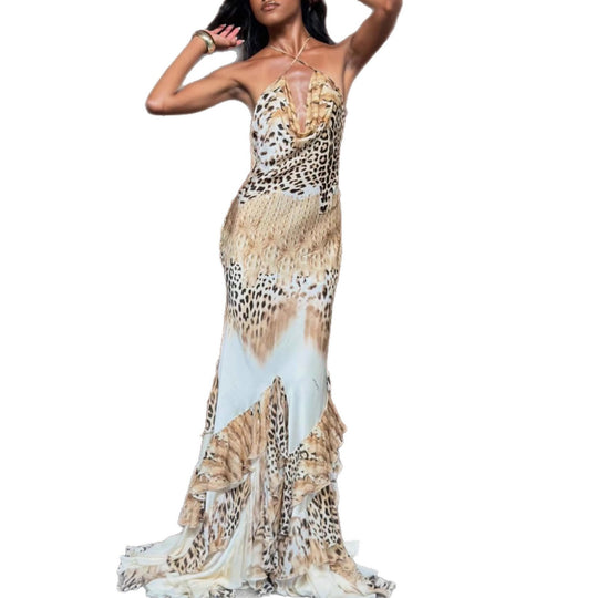 Damen Maxikleid mit tiefem V-Ausschnitt, Rüschensaum und tierischem Muster R&B