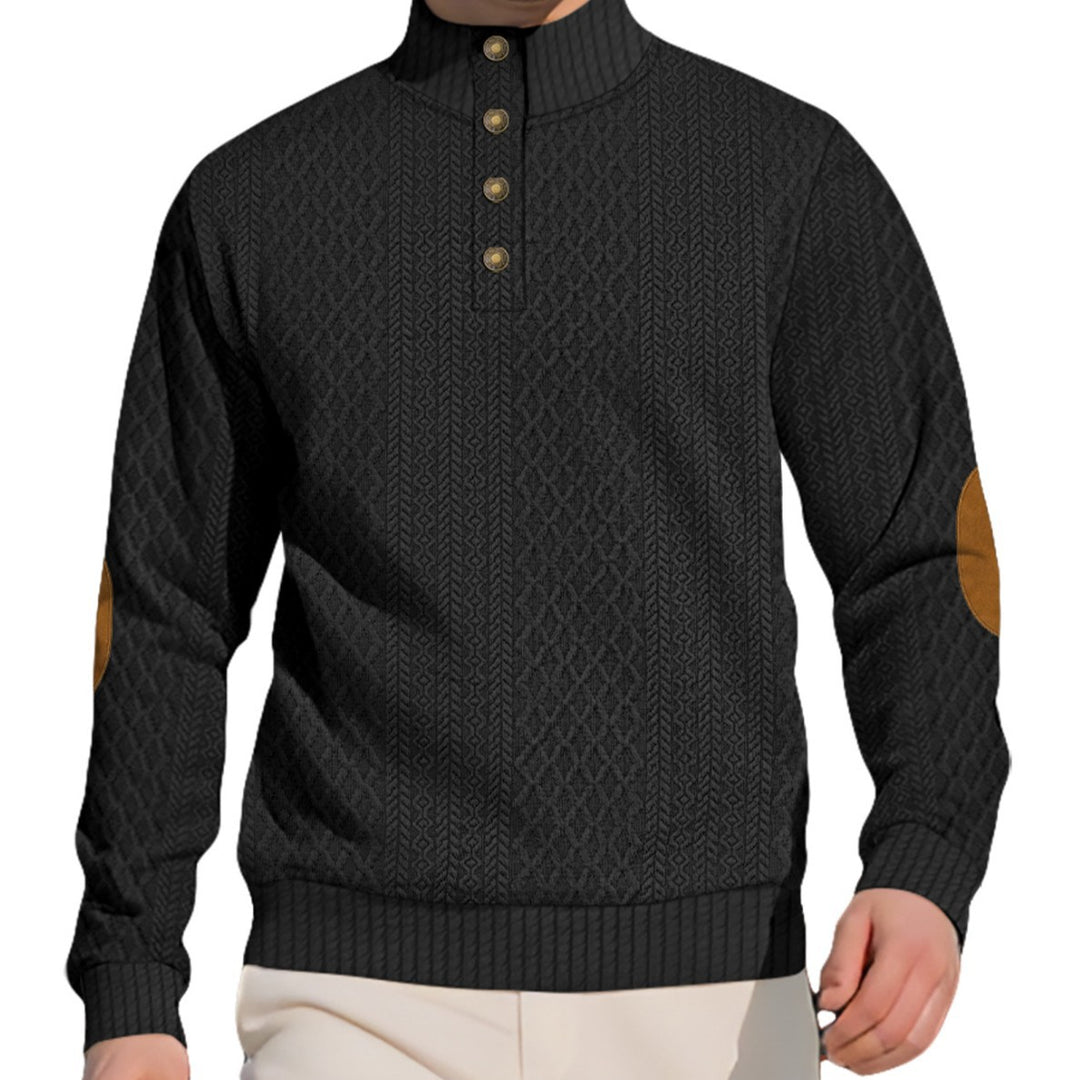 Herren nan edler Knopfsweater im Zopfmuster mit hohem Stehkragen und Wildleder-Ellenbogenpatches R&B