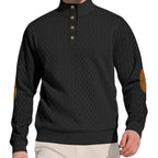 Herren nan edler Knopfsweater im Zopfmuster mit hohem Stehkragen und Wildleder-Ellenbogenpatches R&B