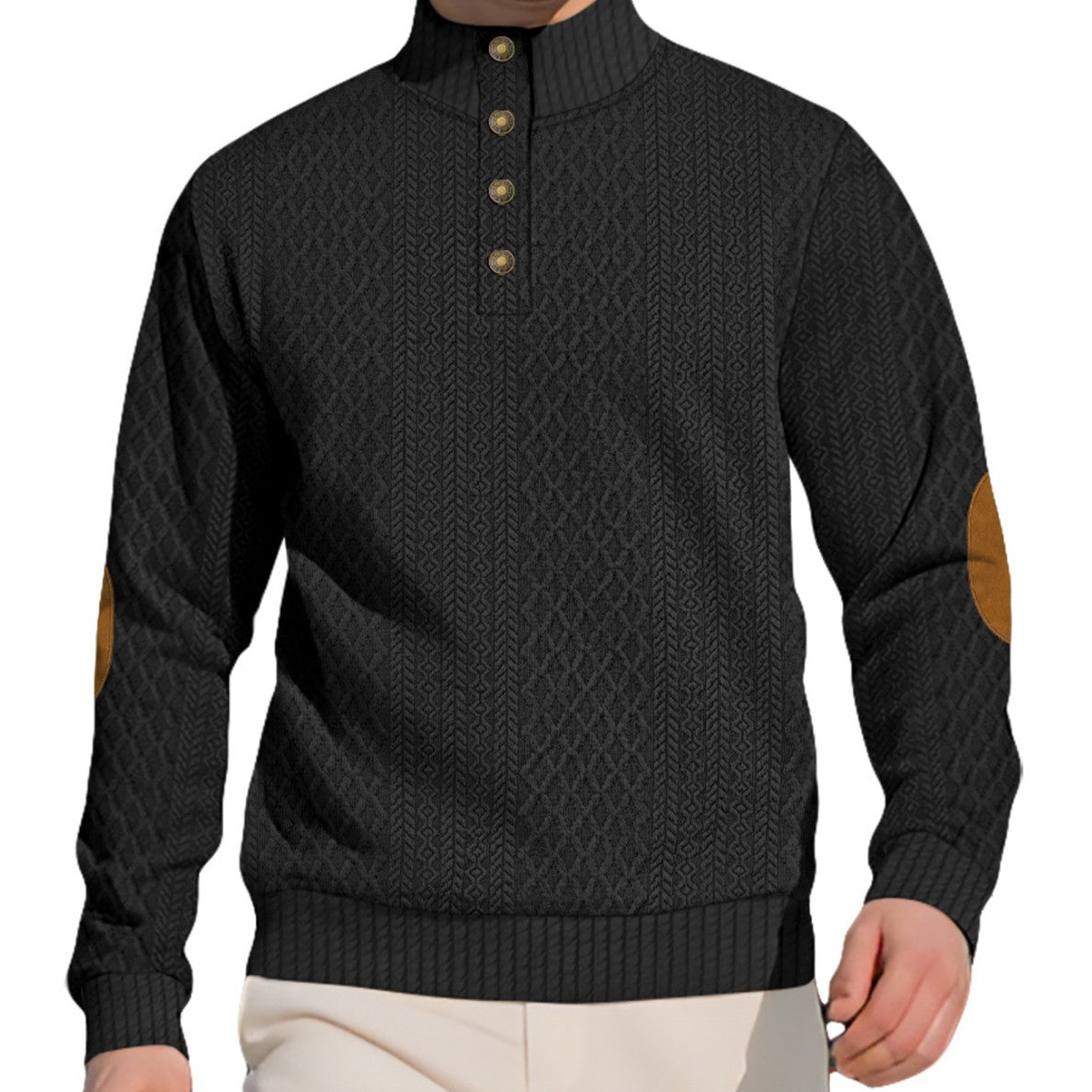 Herren nan edler Knopfsweater im Zopfmuster mit hohem Stehkragen und Wildleder-Ellenbogenpatches R&B