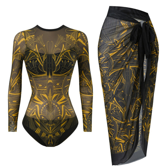 Damen Badeanzug mit elegantem transparentem Wickelrock R&B