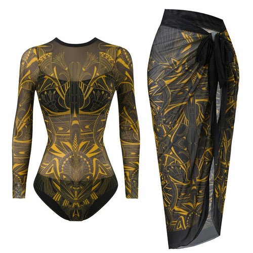 Damen Badeanzug mit elegantem transparentem Wickelrock R&B