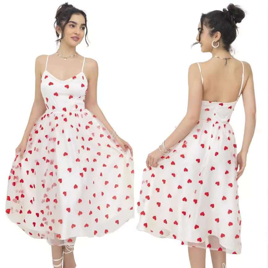 Damen romantisches A-Linien Kleid mit Herzmotiv und verstellbaren Trägern R&B