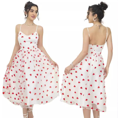 Damen romantisches A-Linien Kleid mit Herzmotiv und verstellbaren Trägern R&B