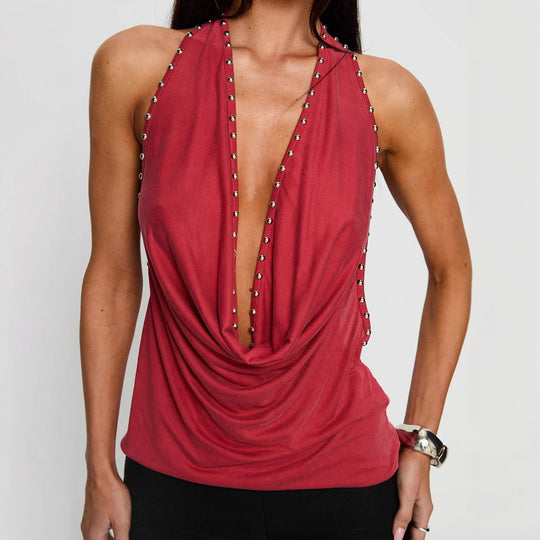Damen Halter-Top mit tiefem V-Ausschnitt und pilzförmigen Verzierungen R&B